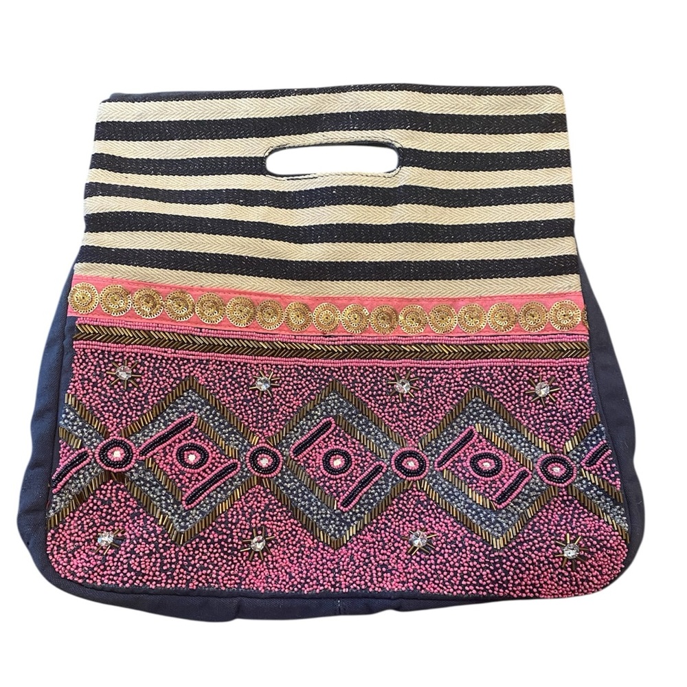 Pink and Navy Embroidered Women's Bag